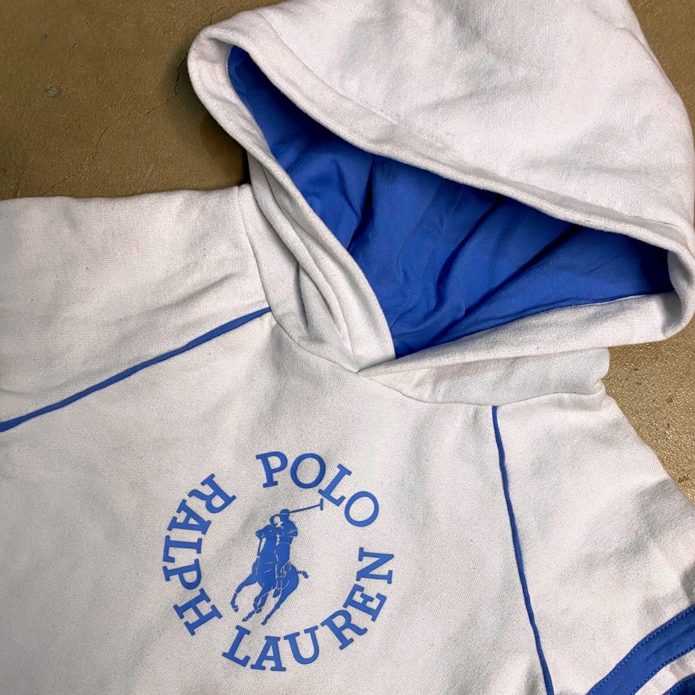 Polo Ralph Lauren Girls White Blue Logo Hoodie‎ Dress Raglan Stripe Kids Small